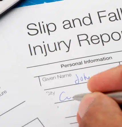 Close up image of a paper report titled "slip and fall injury report"