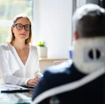 A woman with glasses talking to a man in a neck brace.