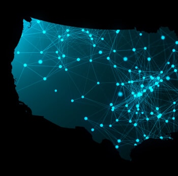 A map of United States with light blue location dots